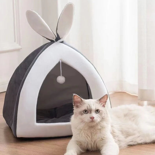 Cat Bed Dog House with Fluffy Pet Ball Cute Bunny Cat Bed for Indoor Cats Winter Warm Kitten Bed