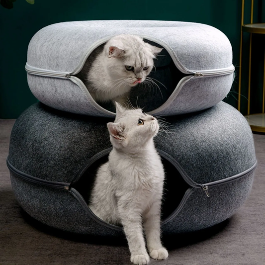 24 Inch Large Donut Cat Bed - Spacious Peekaboo Cat Cave for Multiple Cats up to 30 Lbs, Detachable and Washable Wool Felt Tunne
