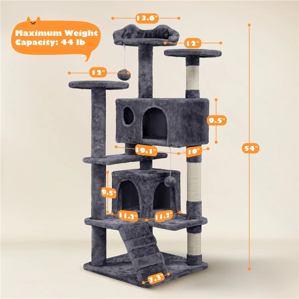 54''H Cat Tree Condo with Scratching Post Tower, Dark Gray
