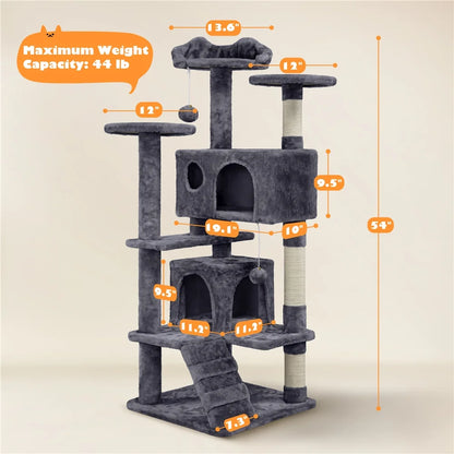 54''H Cat Tree Condo with Scratching Post Tower, Dark Gray