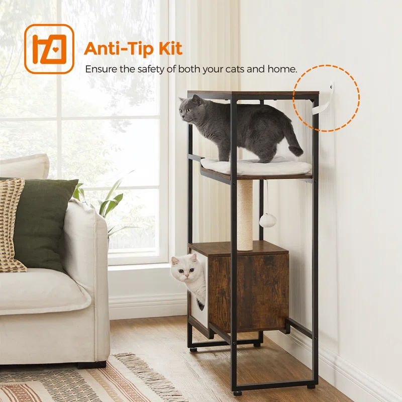 Cat tower with safety features for pet and home security, featuring a gray cat and a white cat.