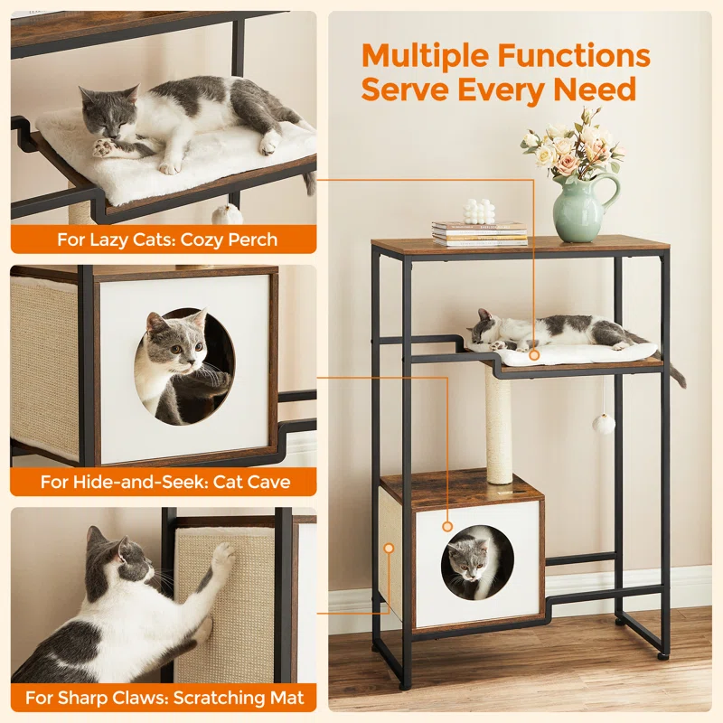 Multi-functional pet furniture with cat on shelves and in a cat cave.