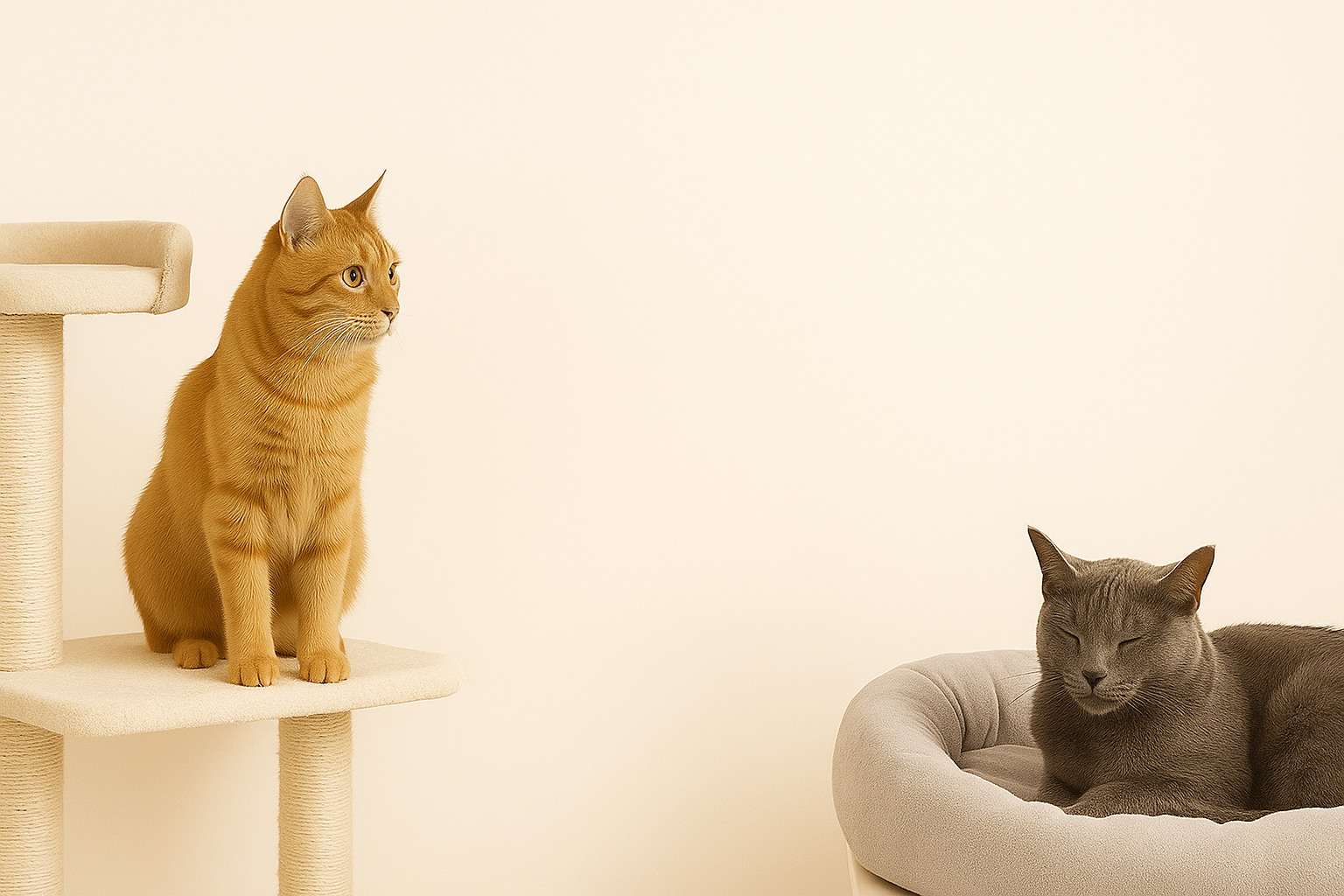 Two cats, one orange and one gray, on a beige background