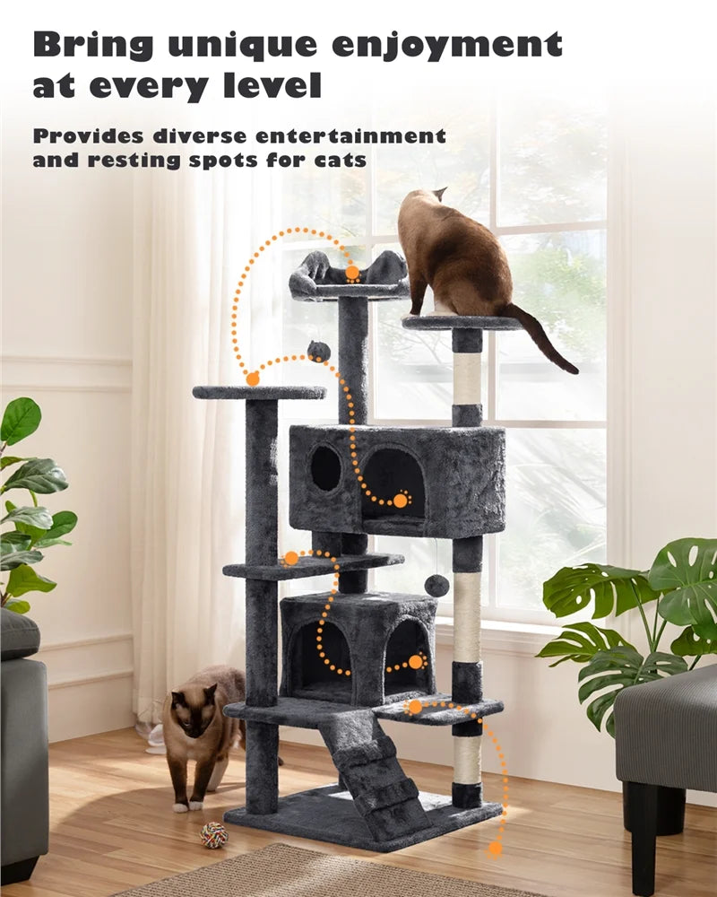 54''H Cat Tree Condo with Scratching Post Tower, Dark Gray
