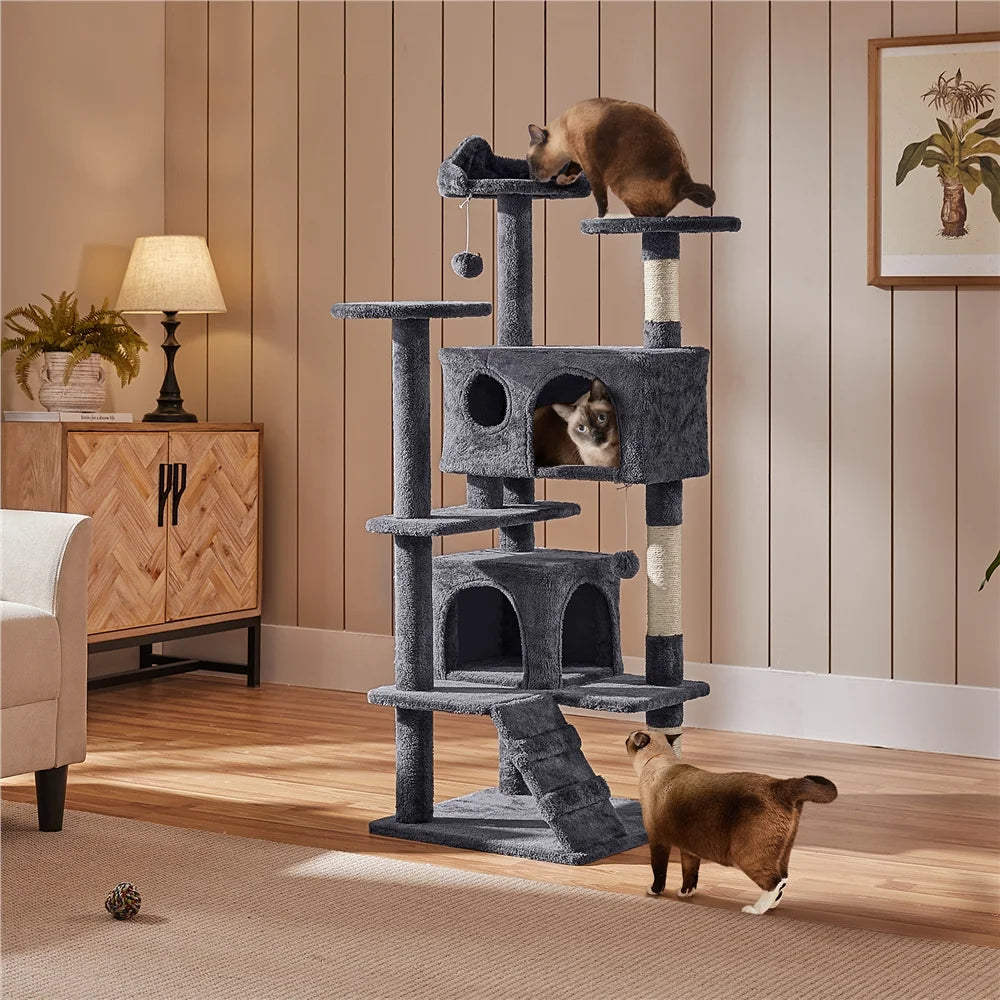 54''H Cat Tree Condo with Scratching Post Tower, Dark Gray